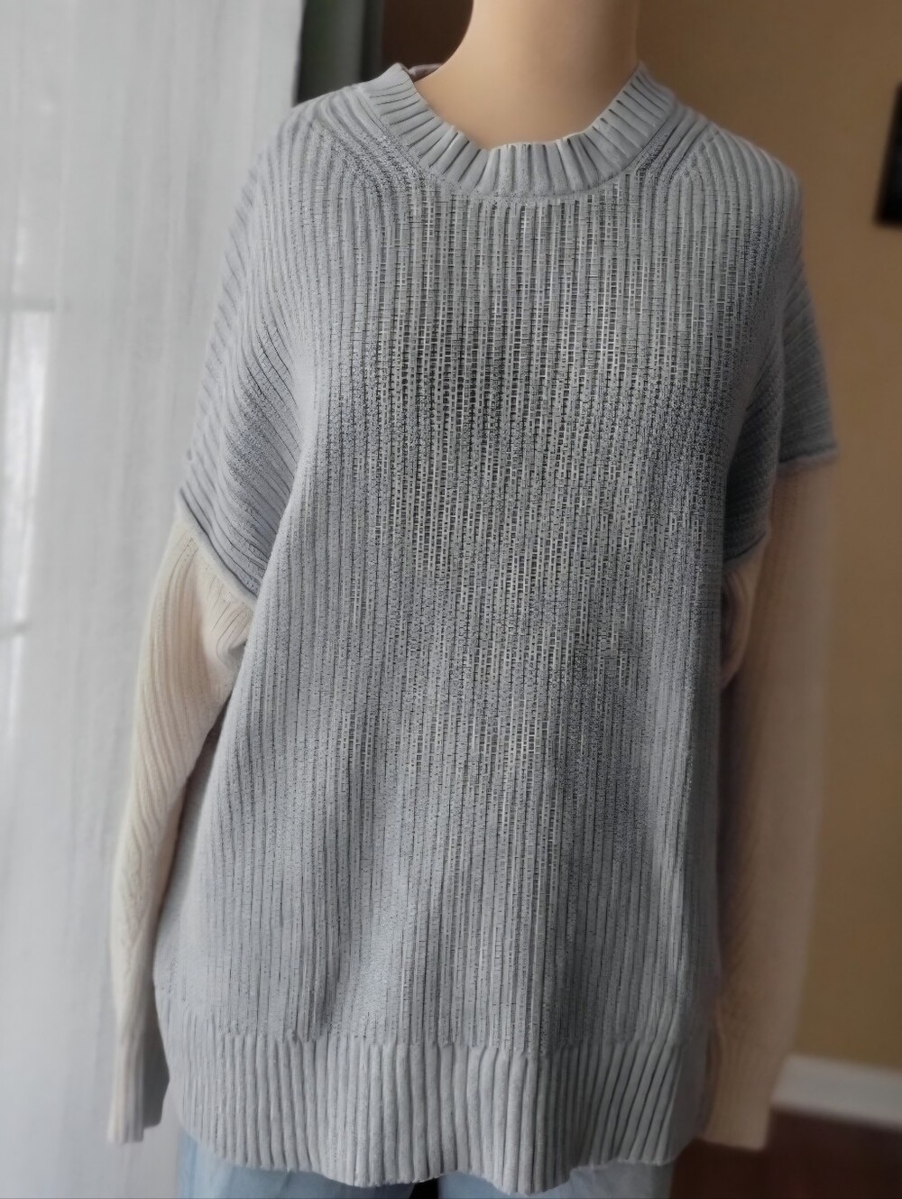 AE Light Blue Cream Colorblock Cotton Knit Sweater Relaxed Oversized Crew Neck S
